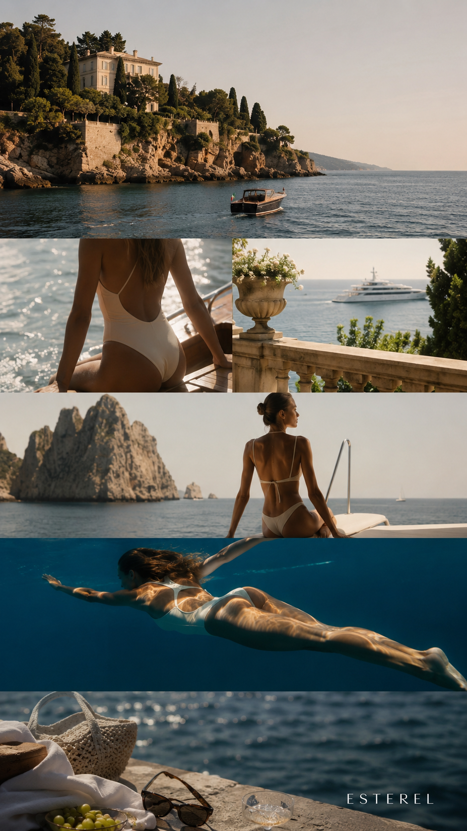 ESTEREL luxury swimwear on the French Riviera — one-piece and bikini styles worn on a Mediterranean terrace, poolside, and underwater, Côte d'Azur resort wear