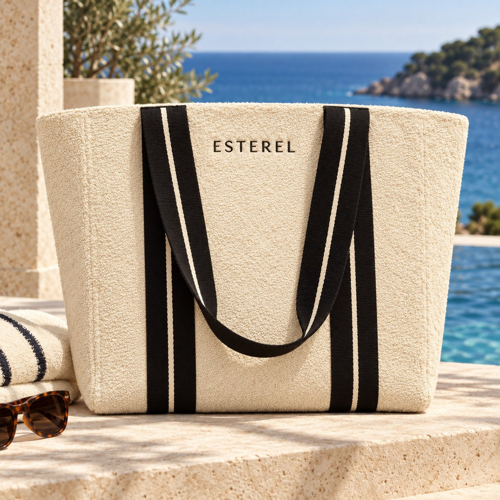 Terrycloth Tote Crema & Nero by the pool — ESTEREL